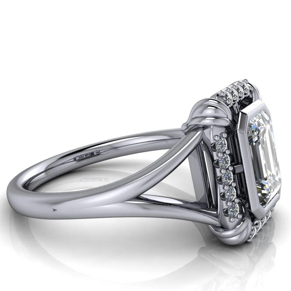 Caldwell Emerald Center Stone Bezel Set Diamond Halo Split Shank Engagement Ring