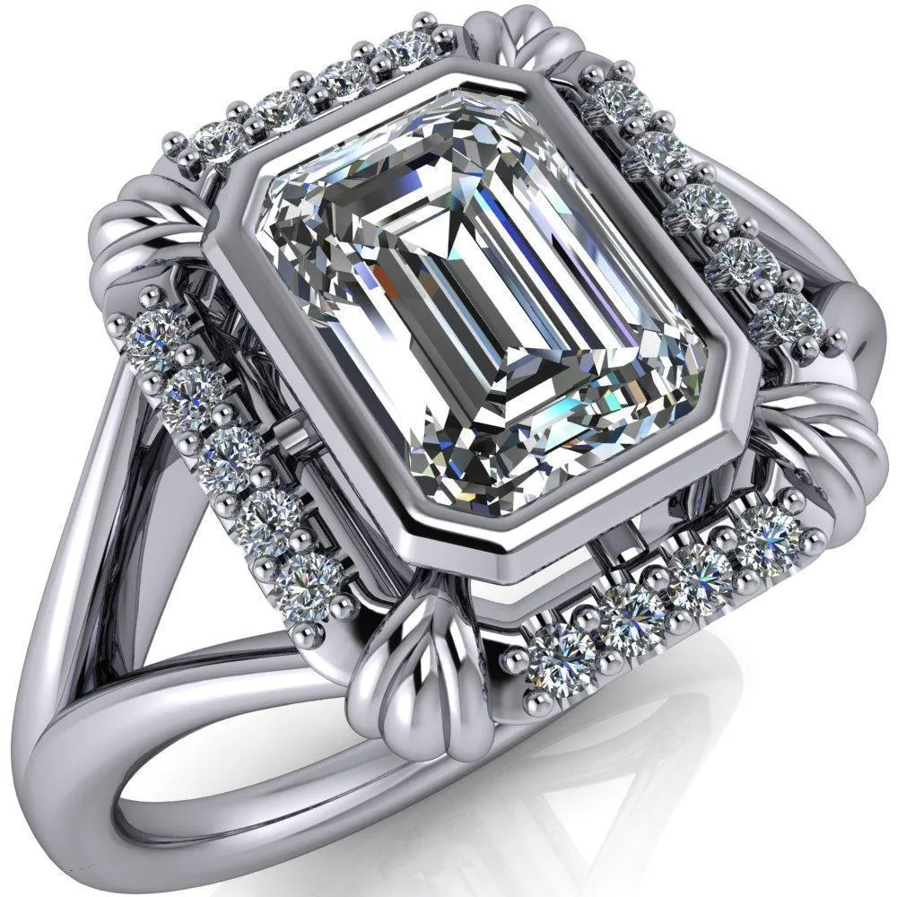 Caldwell Emerald Center Stone Bezel Set Diamond Halo Split Shank Engagement Ring