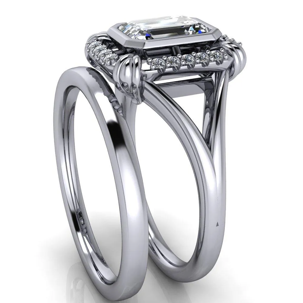 Caldwell Emerald Center Stone Bezel Set Diamond Halo Split Shank Engagement Ring