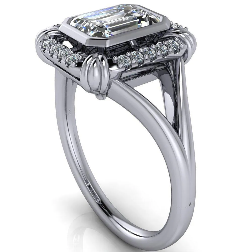 Caldwell Emerald Center Stone Bezel Set Diamond Halo Split Shank Engagement Ring