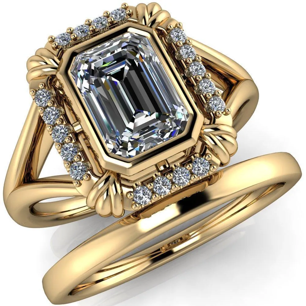 Caldwell Emerald Center Stone Bezel Set Diamond Halo Split Shank Engagement Ring