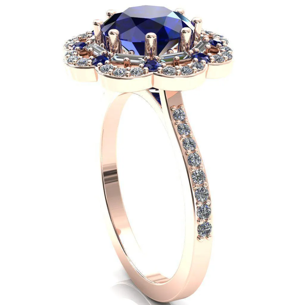 Camelia Round Blue Sapphire Accent Diamond and Blue Sapphire Halo Ring