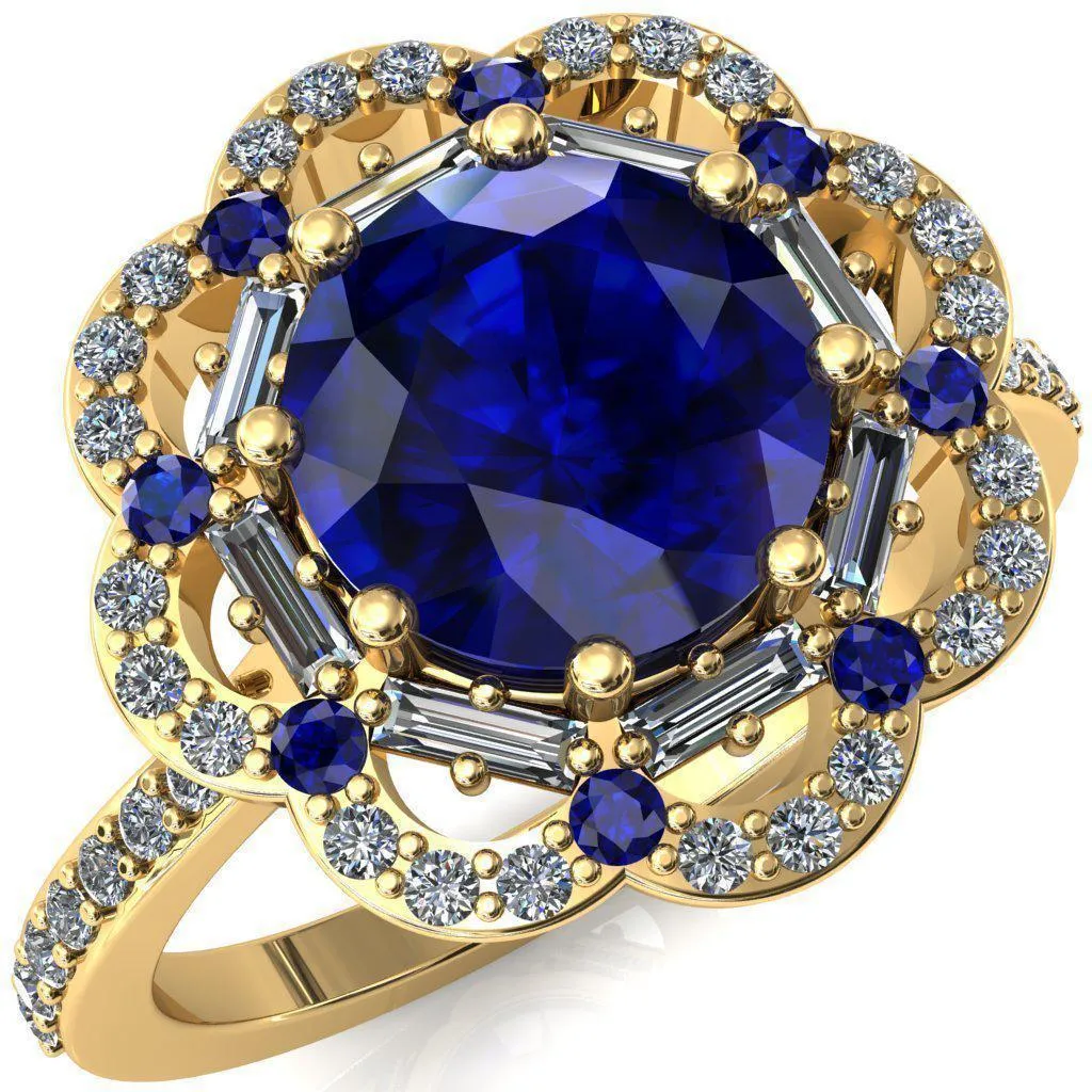 Camelia Round Blue Sapphire Accent Diamond and Blue Sapphire Halo Ring
