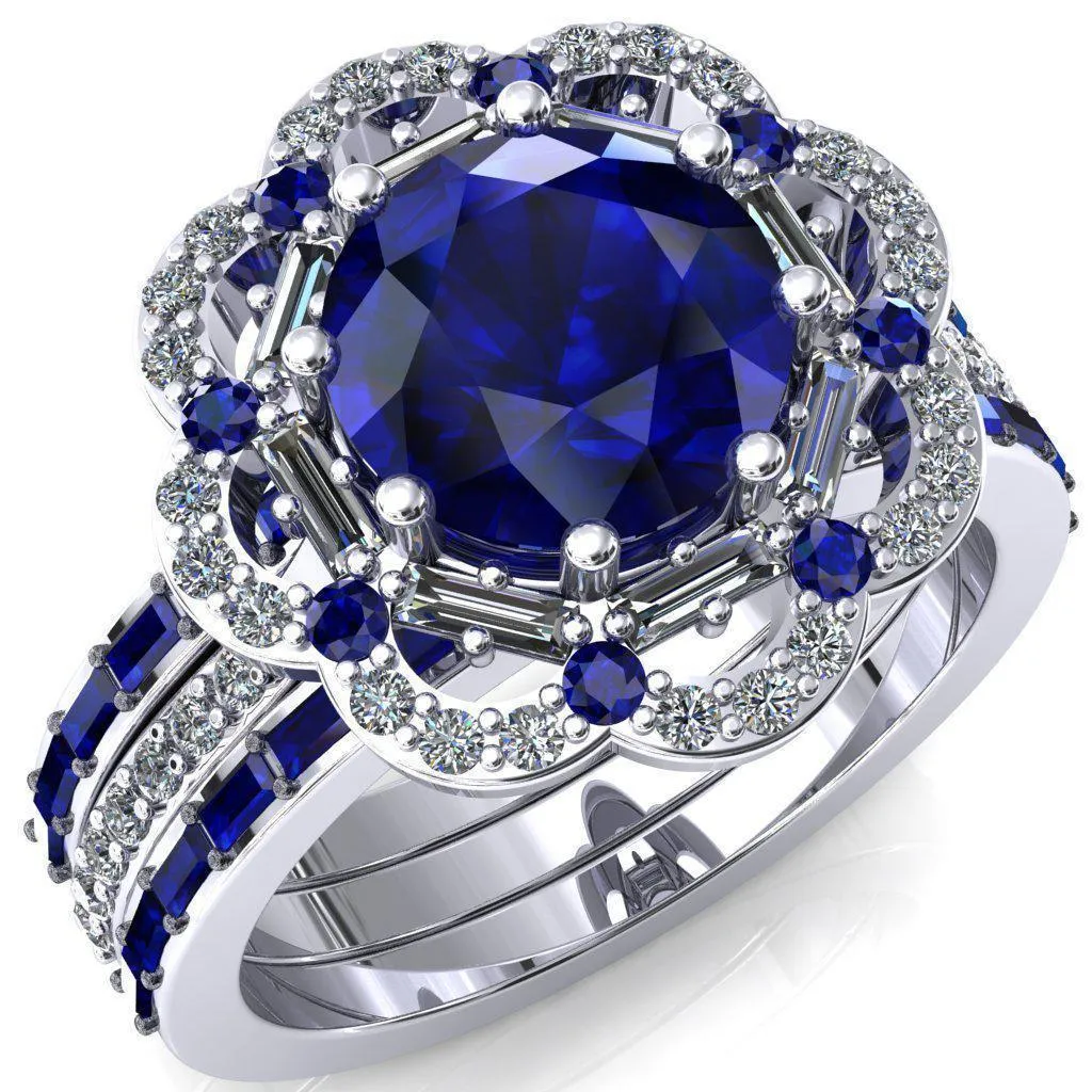 Camelia Round Blue Sapphire Accent Diamond and Blue Sapphire Halo Ring