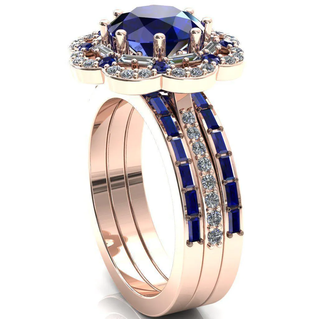 Camelia Round Blue Sapphire Accent Diamond and Blue Sapphire Halo Ring