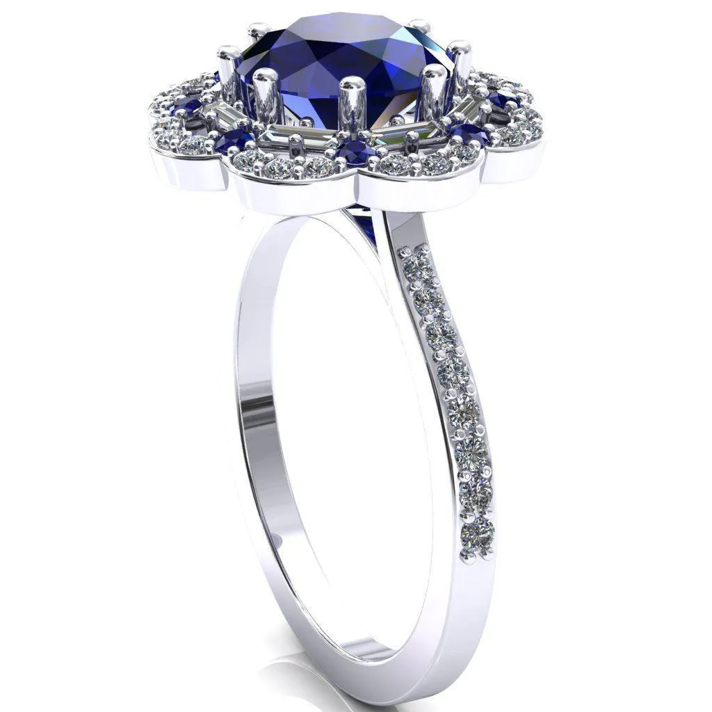 Camelia Round Blue Sapphire Accent Diamond and Blue Sapphire Halo Ring