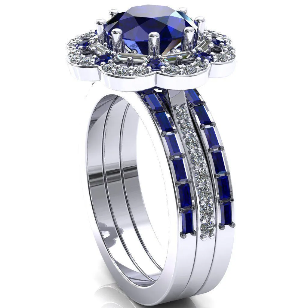 Camelia Round Blue Sapphire Accent Diamond and Blue Sapphire Halo Ring