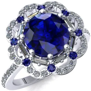 Camelia Round Blue Sapphire Accent Diamond and Blue Sapphire Halo Ring