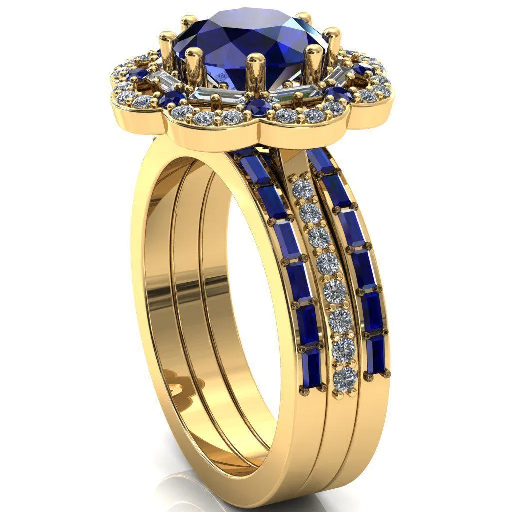 Camelia Round Blue Sapphire Accent Diamond and Blue Sapphire Halo Ring