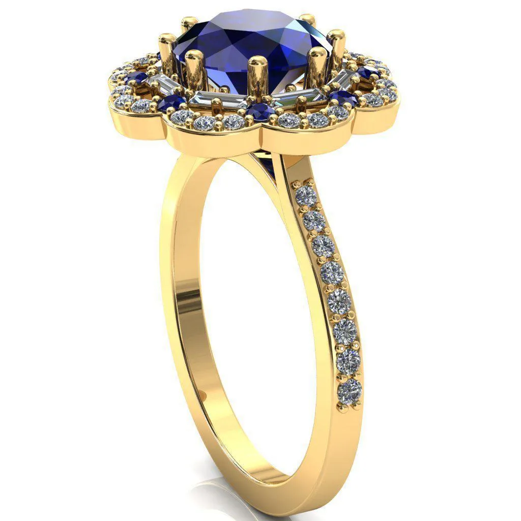 Camelia Round Blue Sapphire Accent Diamond and Blue Sapphire Halo Ring