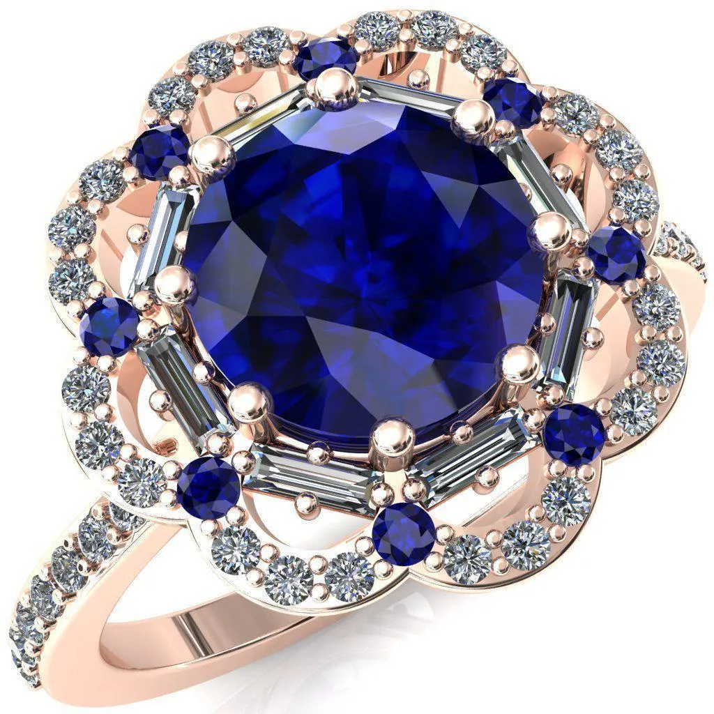 Camelia Round Blue Sapphire Accent Diamond and Blue Sapphire Halo Ring