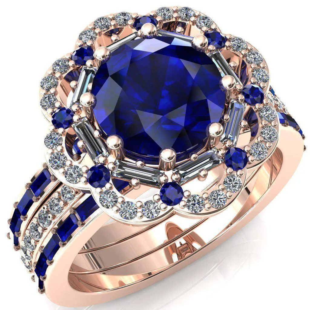 Camelia Round Blue Sapphire Accent Diamond and Blue Sapphire Halo Ring