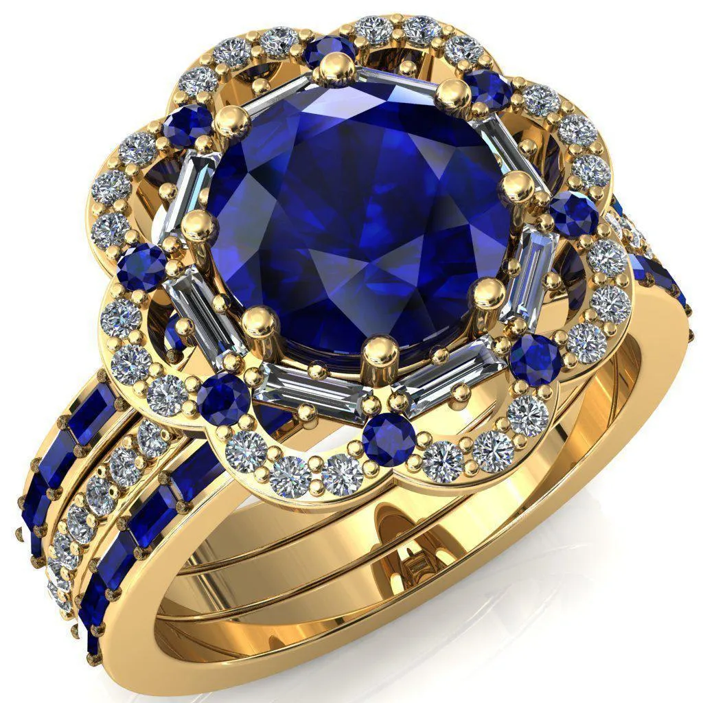 Camelia Round Blue Sapphire Accent Diamond and Blue Sapphire Halo Ring