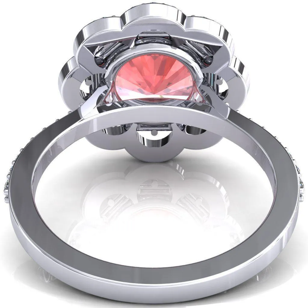 Camelia Round Padparadscha Sapphire Accent Diamond and Padparadscha Sapphire Halo Ring