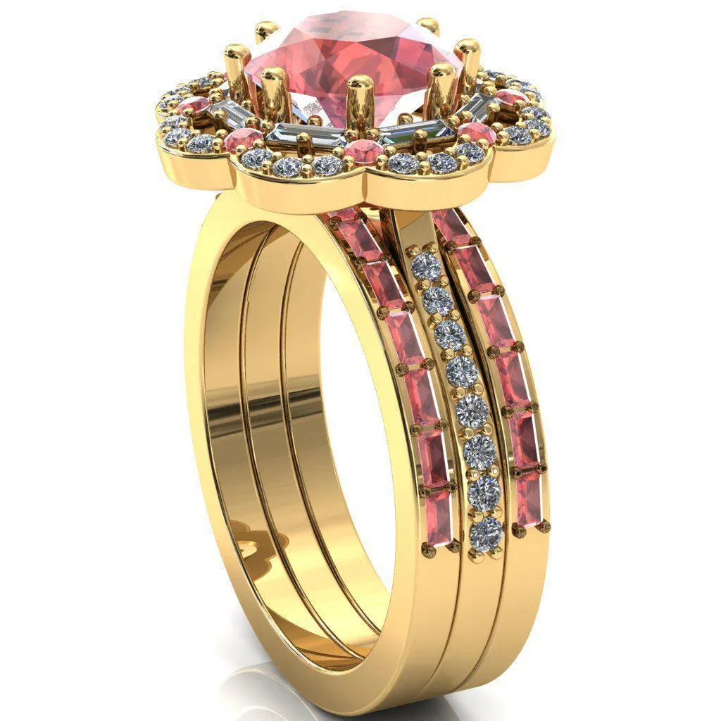 Camelia Round Padparadscha Sapphire Accent Diamond and Padparadscha Sapphire Halo Ring