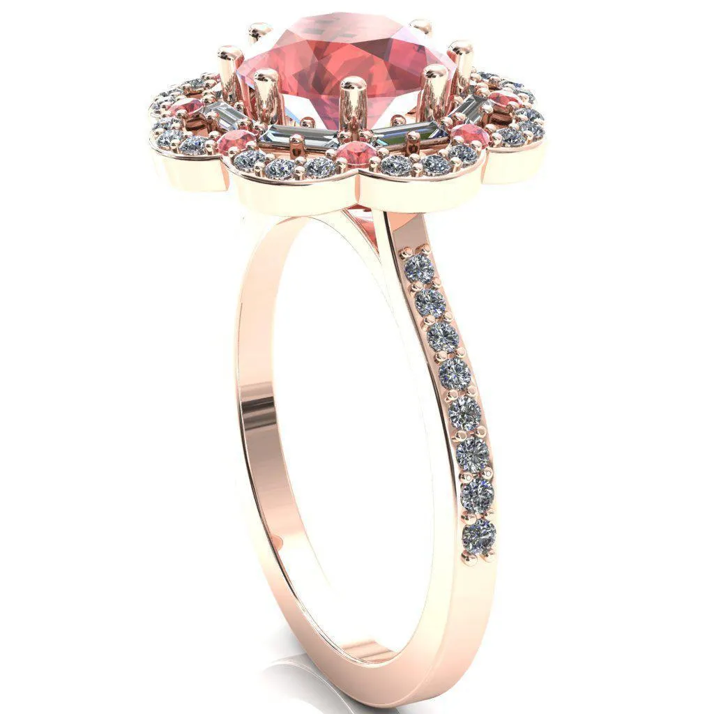 Camelia Round Padparadscha Sapphire Accent Diamond and Padparadscha Sapphire Halo Ring