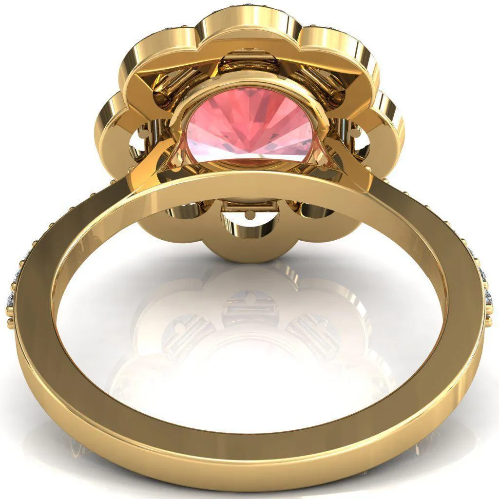 Camelia Round Padparadscha Sapphire Accent Diamond and Padparadscha Sapphire Halo Ring