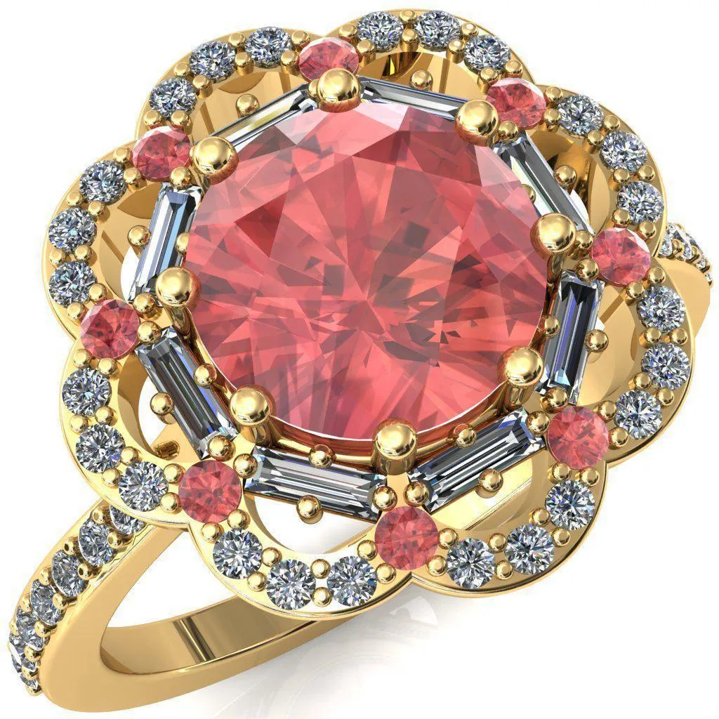 Camelia Round Padparadscha Sapphire Accent Diamond and Padparadscha Sapphire Halo Ring