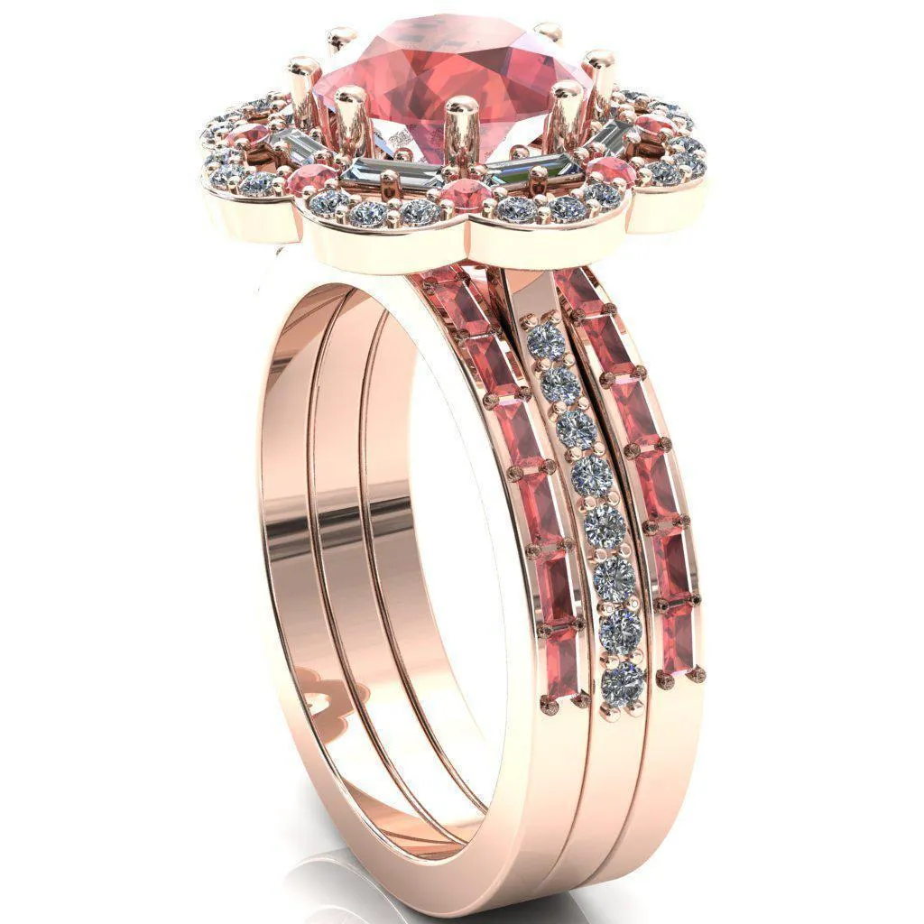 Camelia Round Padparadscha Sapphire Accent Diamond and Padparadscha Sapphire Halo Ring