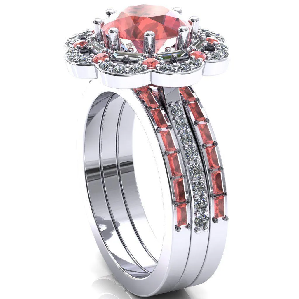 Camelia Round Padparadscha Sapphire Accent Diamond and Padparadscha Sapphire Halo Ring