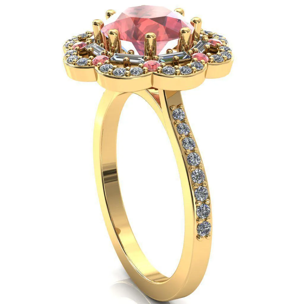 Camelia Round Padparadscha Sapphire Accent Diamond and Padparadscha Sapphire Halo Ring
