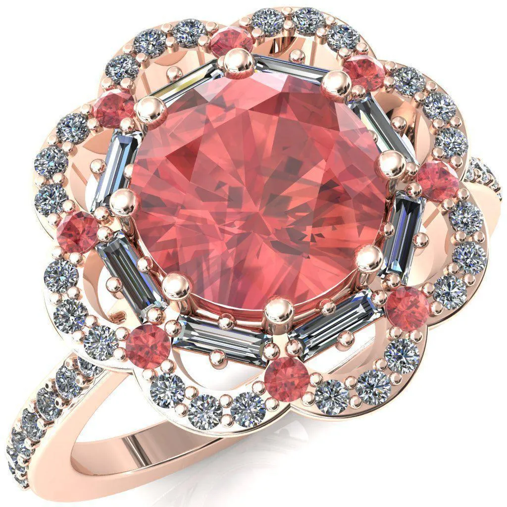 Camelia Round Padparadscha Sapphire Accent Diamond and Padparadscha Sapphire Halo Ring