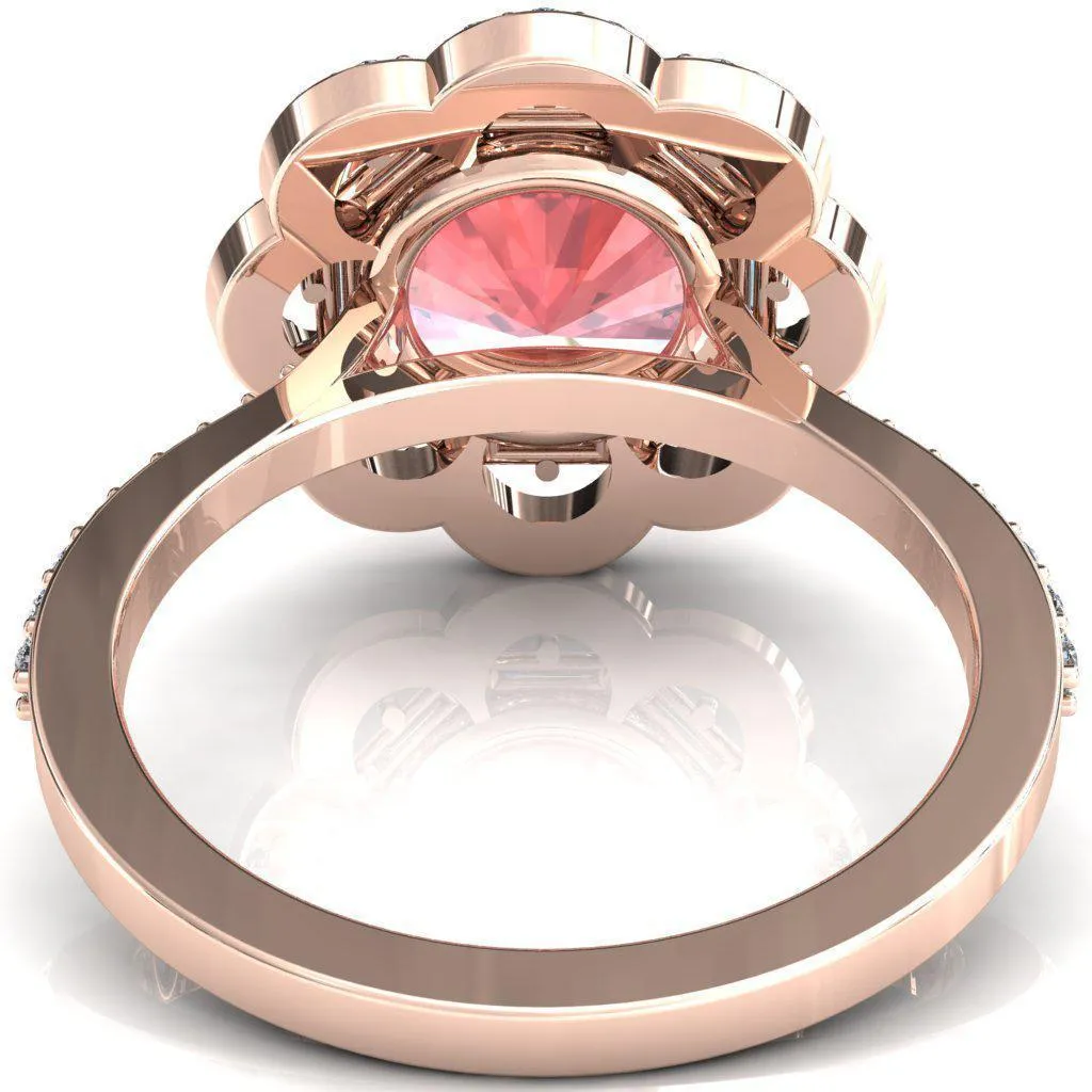 Camelia Round Padparadscha Sapphire Accent Diamond and Padparadscha Sapphire Halo Ring