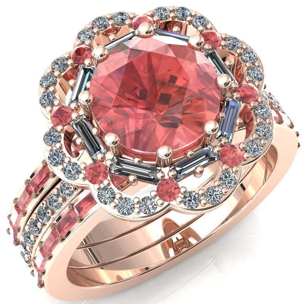 Camelia Round Padparadscha Sapphire Accent Diamond and Padparadscha Sapphire Halo Ring