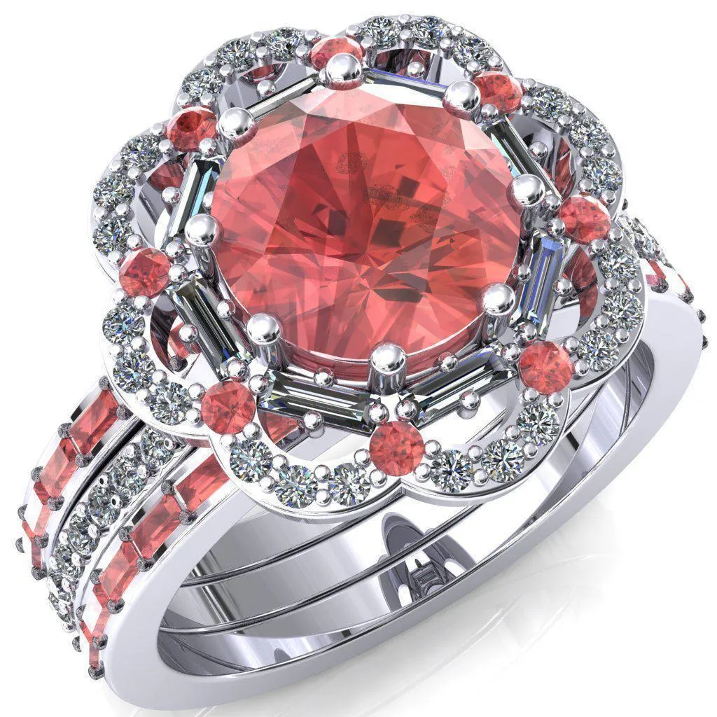 Camelia Round Padparadscha Sapphire Accent Diamond and Padparadscha Sapphire Halo Ring