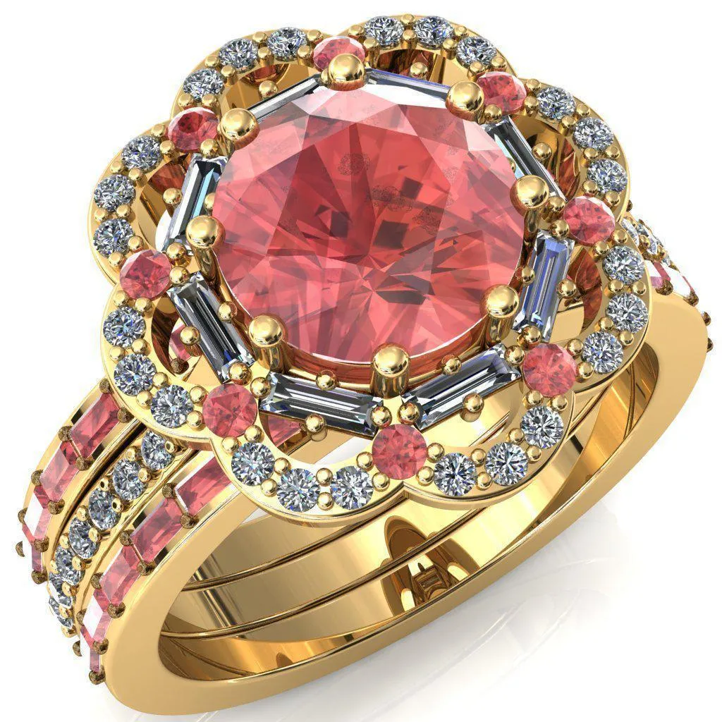 Camelia Round Padparadscha Sapphire Accent Diamond and Padparadscha Sapphire Halo Ring