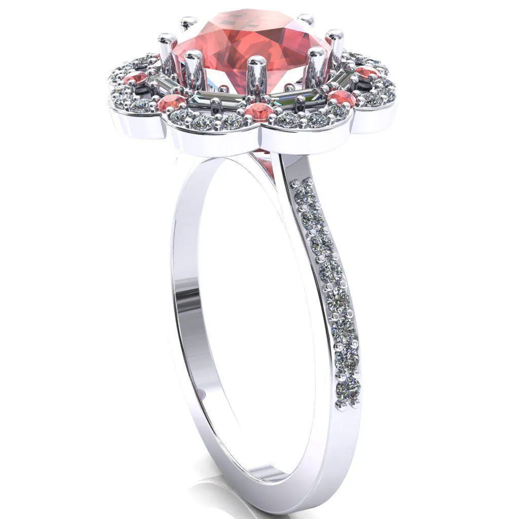 Camelia Round Padparadscha Sapphire Accent Diamond and Padparadscha Sapphire Halo Ring