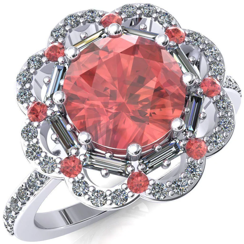 Camelia Round Padparadscha Sapphire Accent Diamond and Padparadscha Sapphire Halo Ring