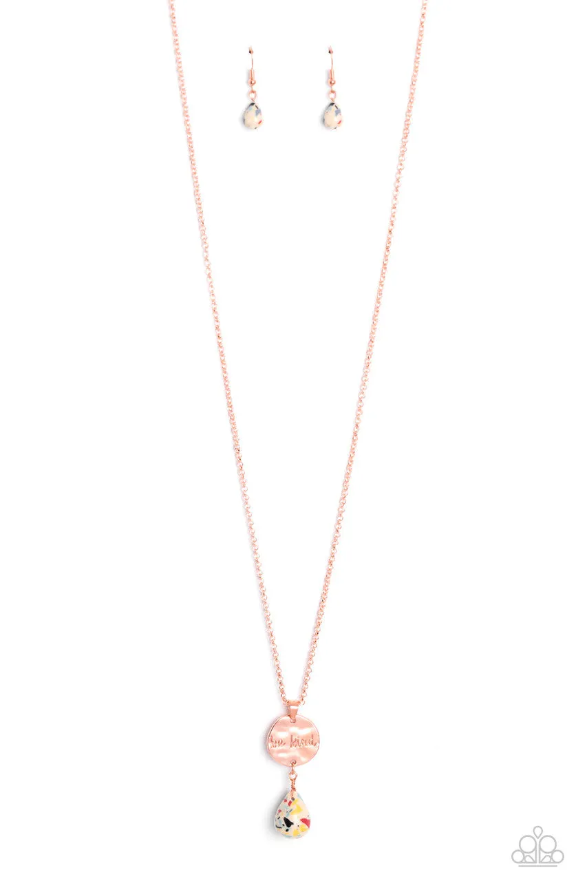 Caring Couture - Multi - Speckled Teardrop Stone "Be Kind" Copper Inspirational Paparazzi Long Necklace