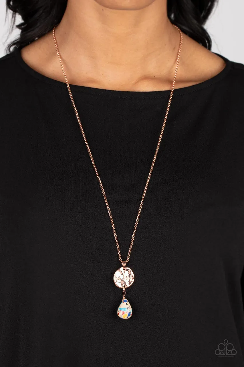 Caring Couture - Multi - Speckled Teardrop Stone "Be Kind" Copper Inspirational Paparazzi Long Necklace
