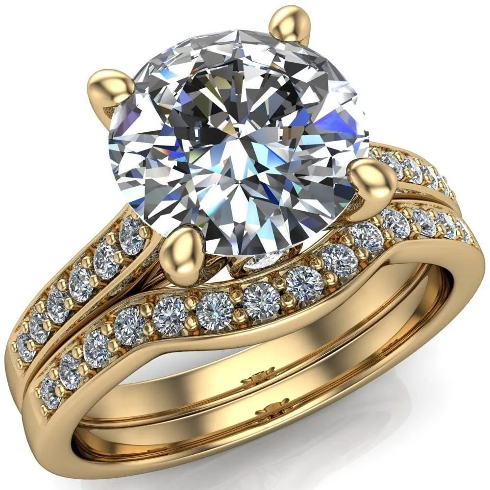 Carlie Round Center Stone 4 V Shaped Prongs with Diamonds Cathedral Diamond Solitaire Ring