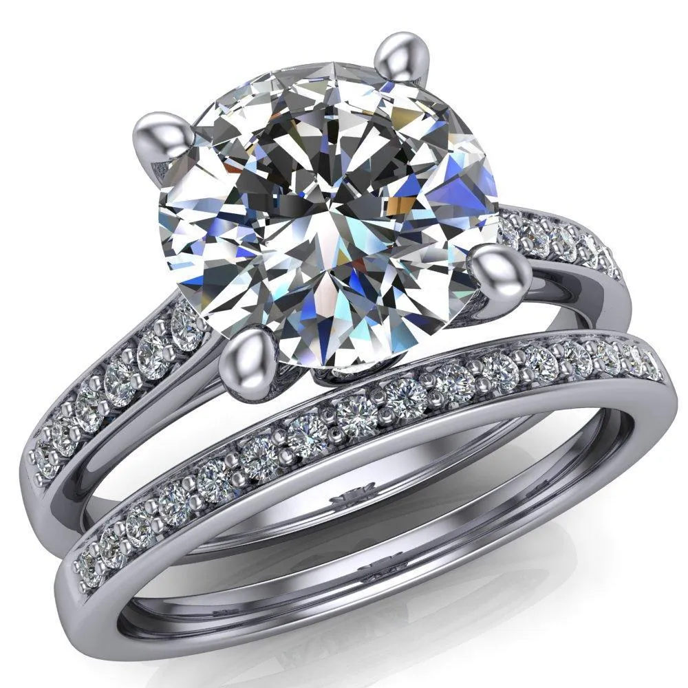 Carlie Round Center Stone 4 V Shaped Prongs with Diamonds Cathedral Diamond Solitaire Ring