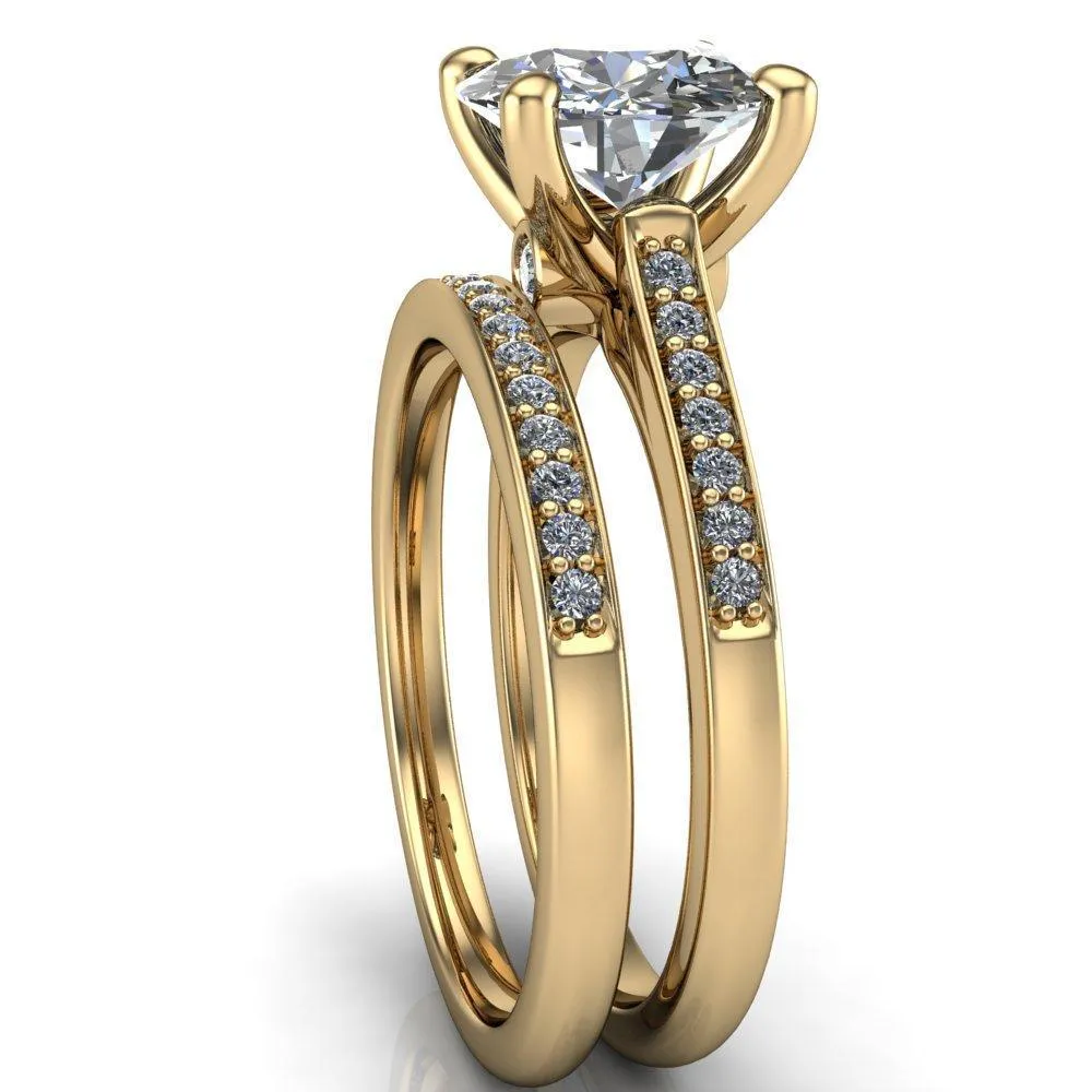Carlie Round Center Stone 4 V Shaped Prongs with Diamonds Cathedral Diamond Solitaire Ring