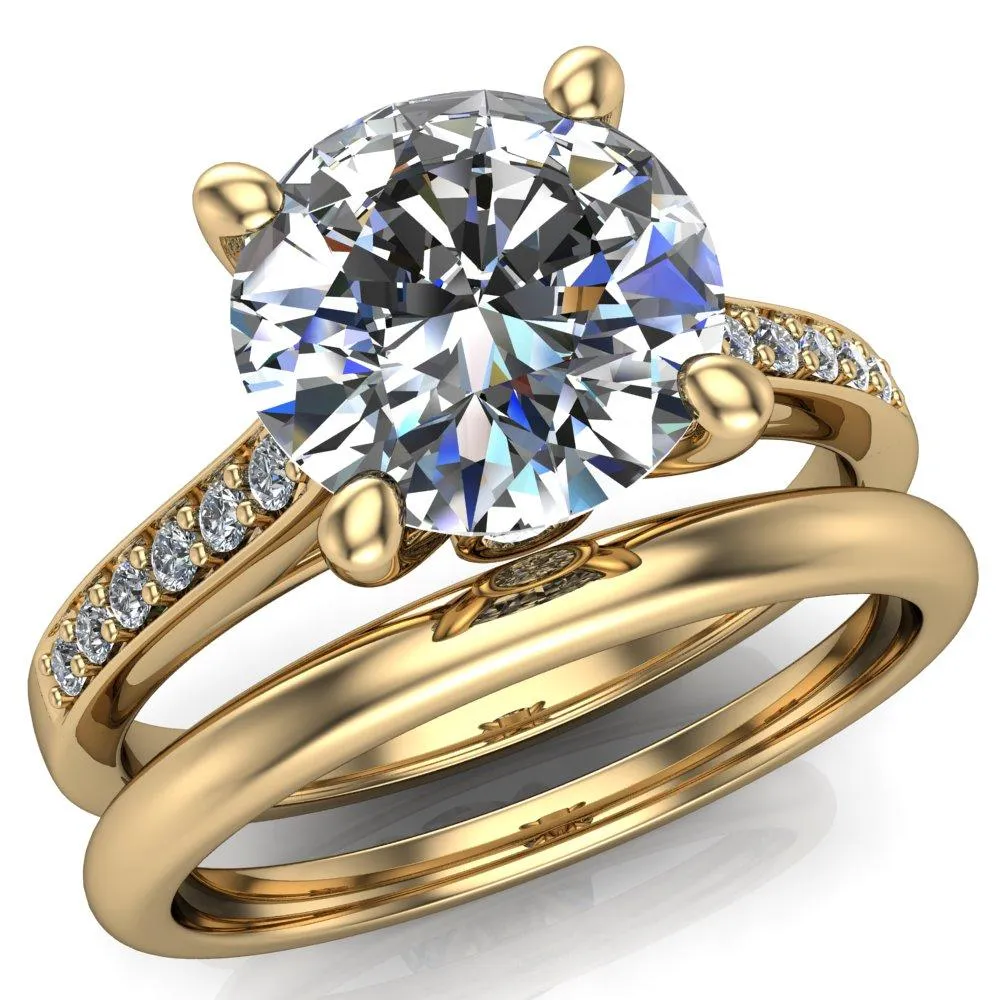 Carlie Round Center Stone 4 V Shaped Prongs with Diamonds Cathedral Diamond Solitaire Ring