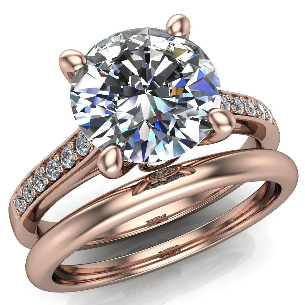 Carlie Round Center Stone 4 V Shaped Prongs with Diamonds Cathedral Diamond Solitaire Ring