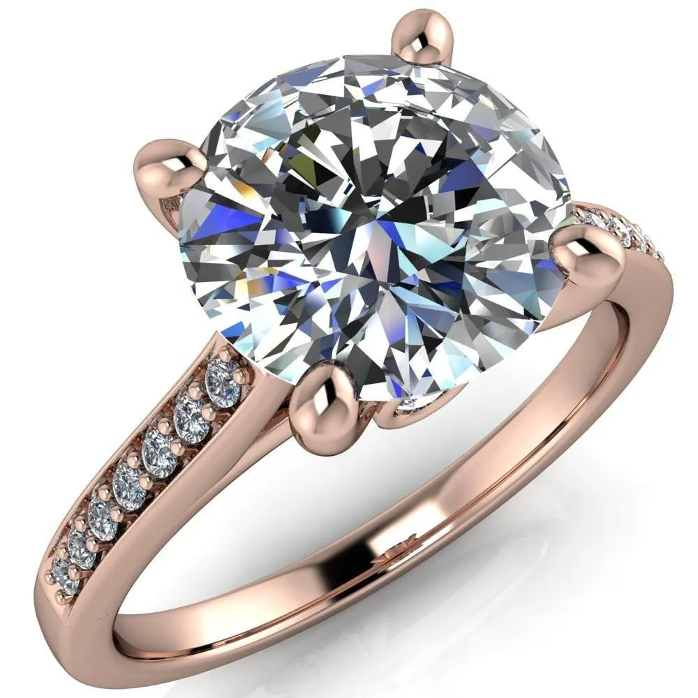 Carlie Round Center Stone 4 V Shaped Prongs with Diamonds Cathedral Diamond Solitaire Ring