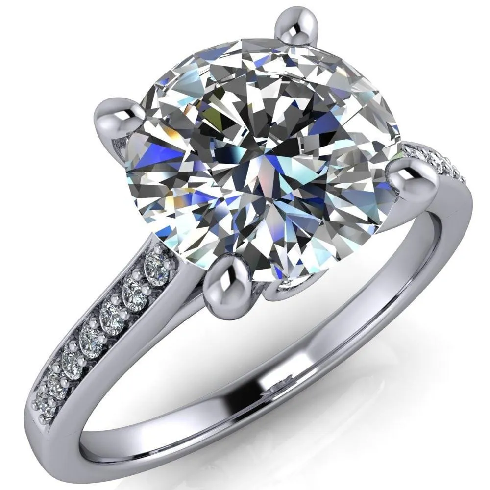Carlie Round Center Stone 4 V Shaped Prongs with Diamonds Cathedral Diamond Solitaire Ring