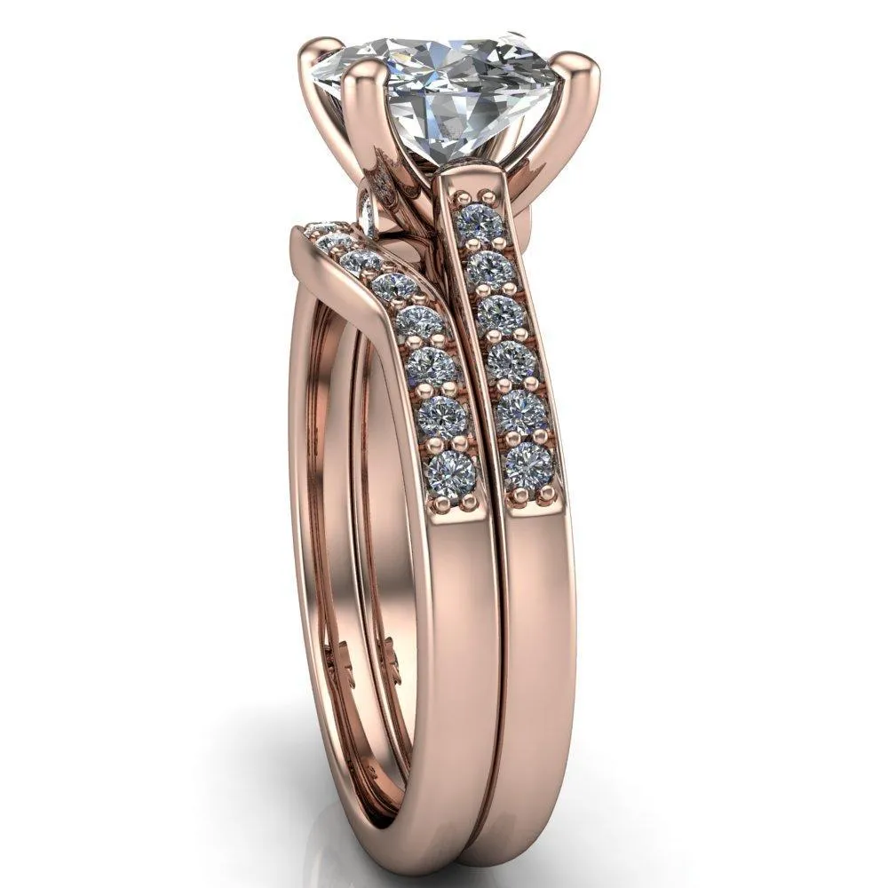 Carlie Round Center Stone 4 V Shaped Prongs with Diamonds Cathedral Diamond Solitaire Ring