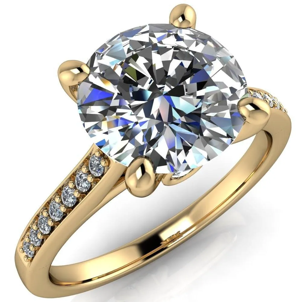 Carlie Round Center Stone 4 V Shaped Prongs with Diamonds Cathedral Diamond Solitaire Ring