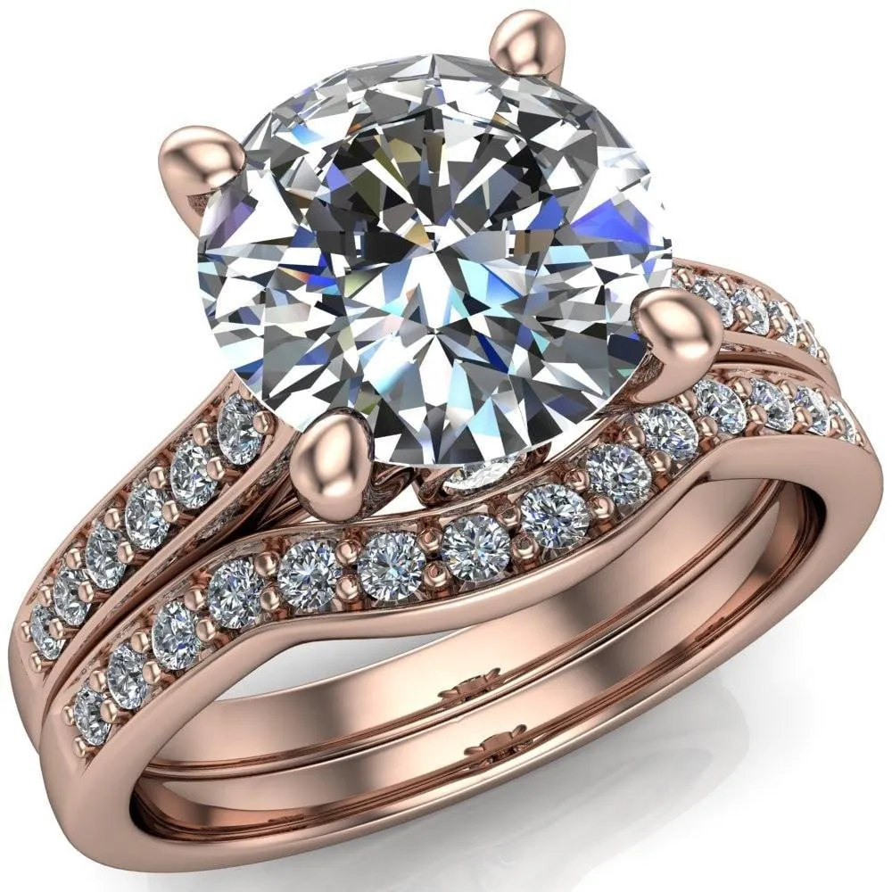 Carlie Round Center Stone 4 V Shaped Prongs with Diamonds Cathedral Diamond Solitaire Ring