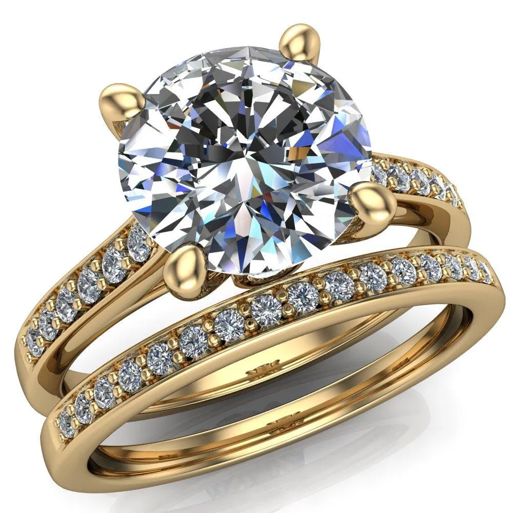 Carlie Round Center Stone 4 V Shaped Prongs with Diamonds Cathedral Diamond Solitaire Ring
