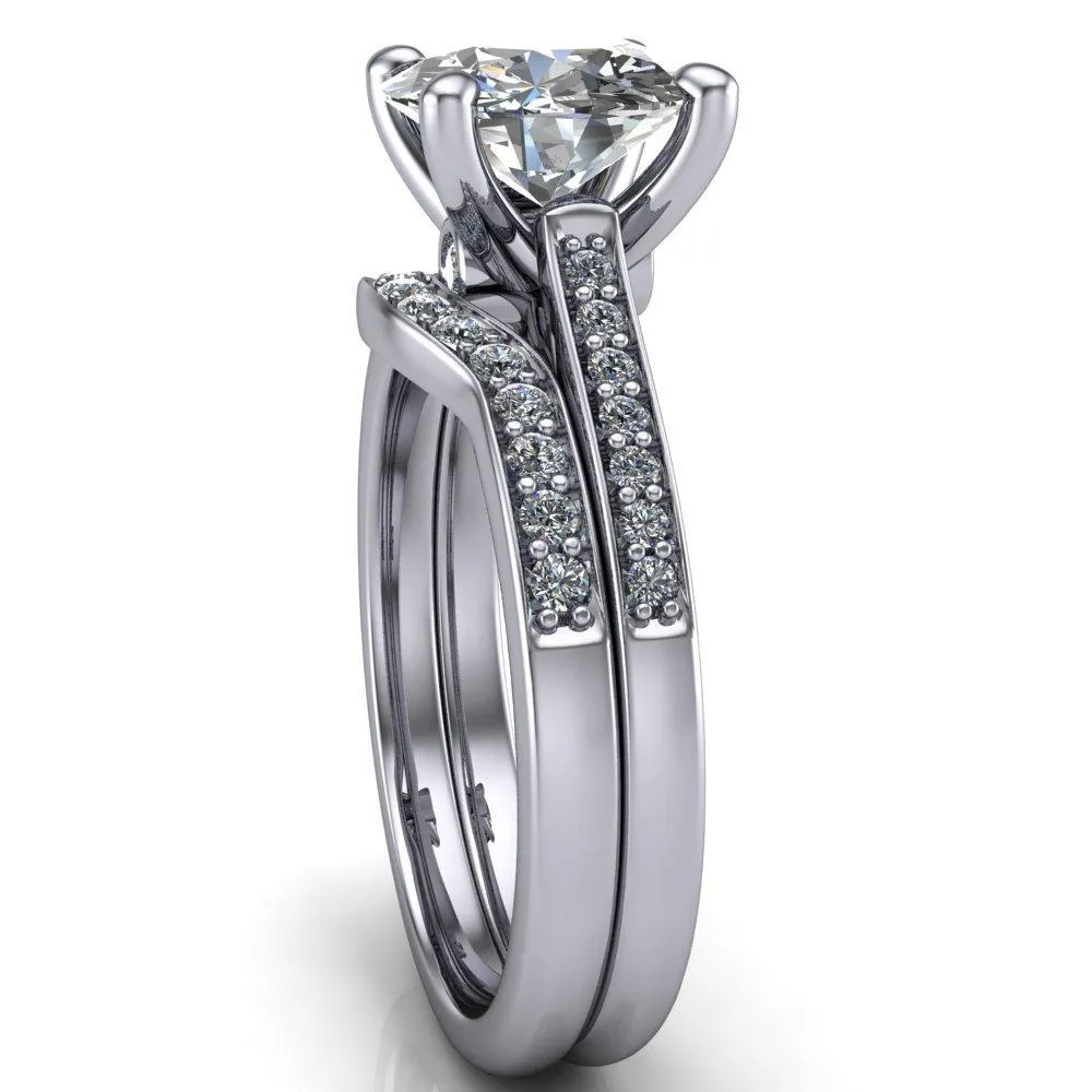 Carlie Round Center Stone 4 V Shaped Prongs with Diamonds Cathedral Diamond Solitaire Ring
