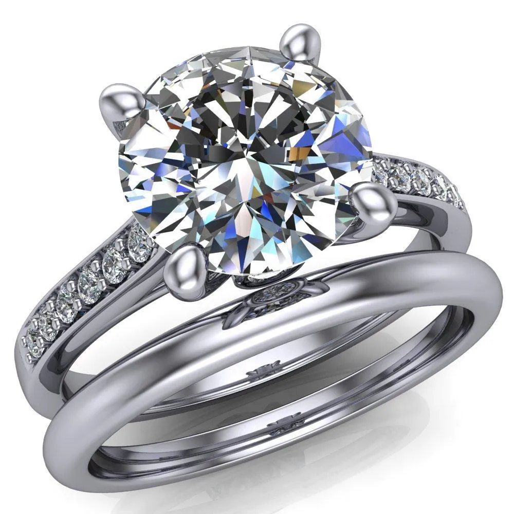 Carlie Round Center Stone 4 V Shaped Prongs with Diamonds Cathedral Diamond Solitaire Ring