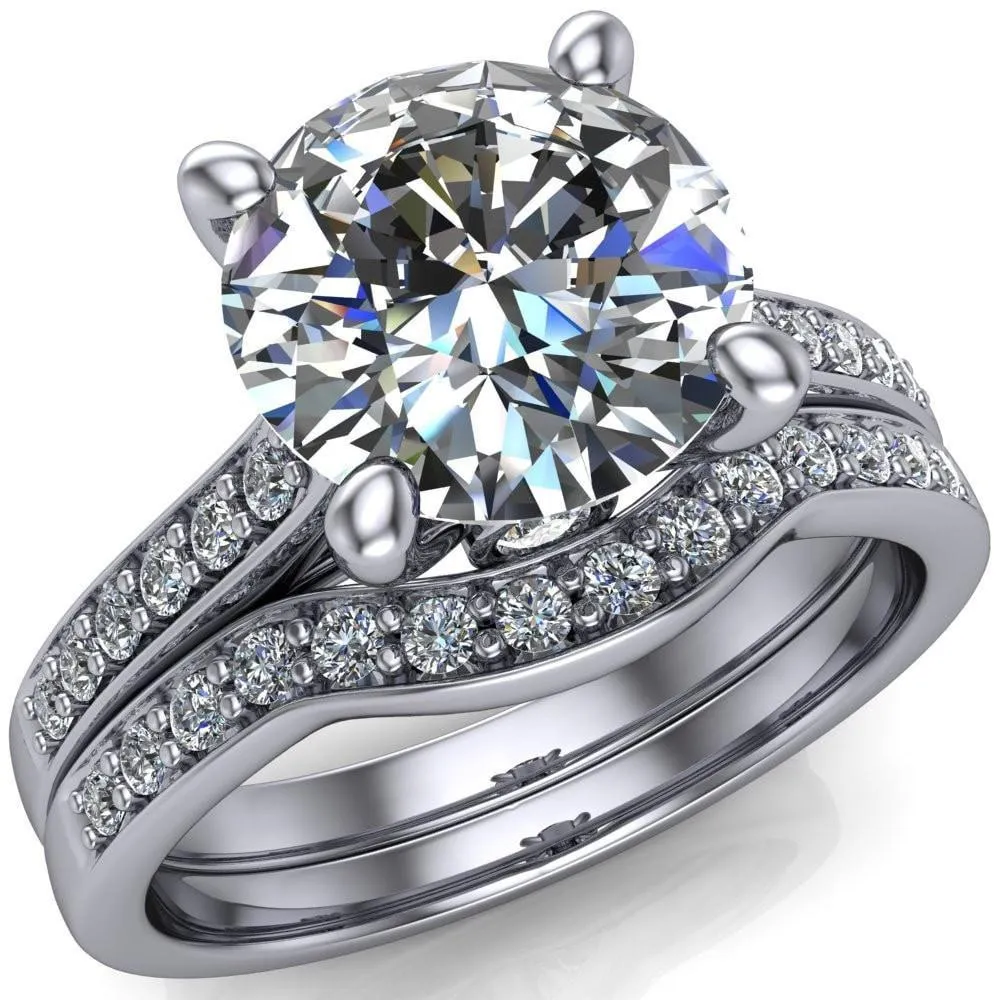 Carlie Round Center Stone 4 V Shaped Prongs with Diamonds Cathedral Diamond Solitaire Ring