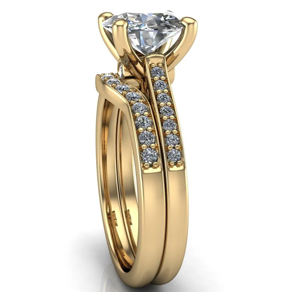 Carlie Round Center Stone 4 V Shaped Prongs with Diamonds Cathedral Diamond Solitaire Ring