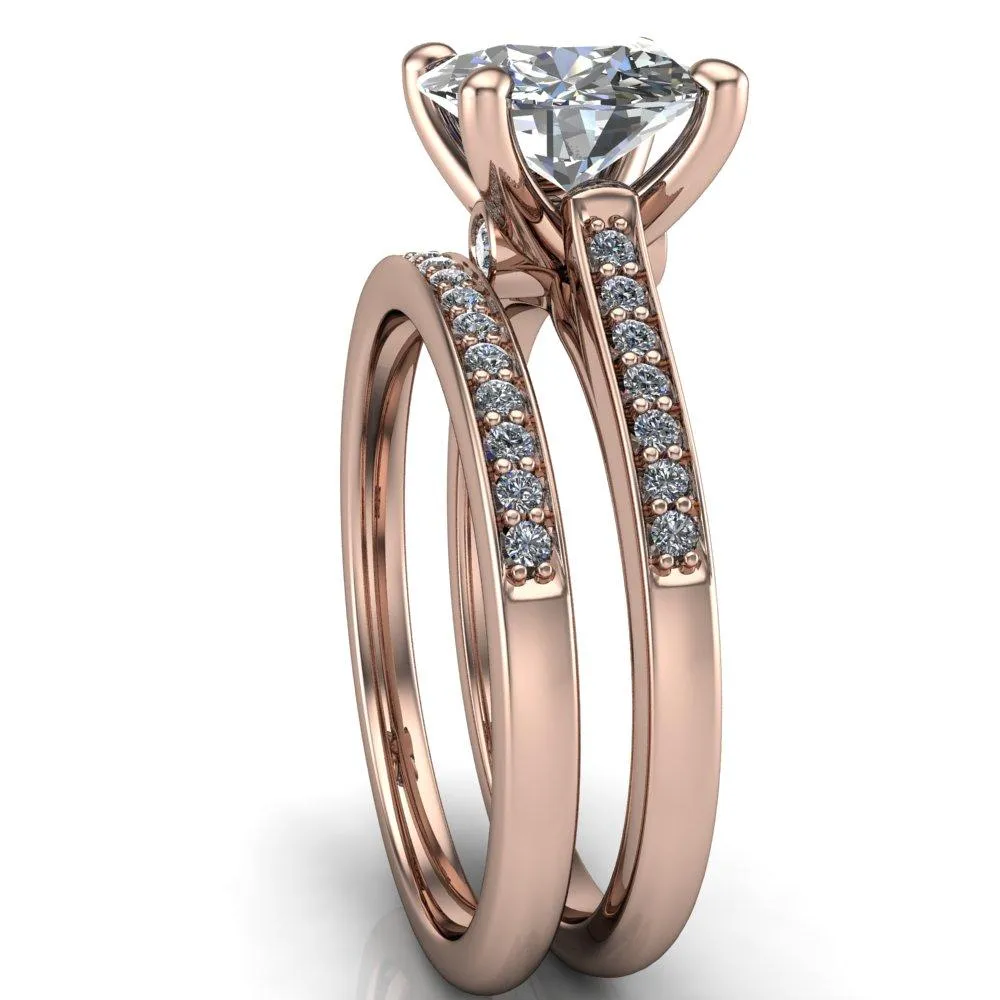 Carlie Round Center Stone 4 V Shaped Prongs with Diamonds Cathedral Diamond Solitaire Ring